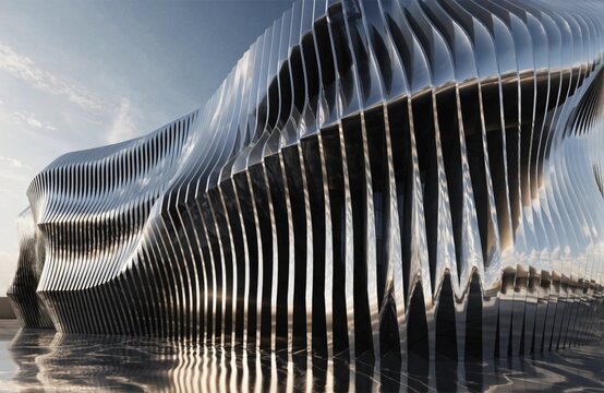 Modern architectural 3D render of a sinuous wave-shaped building facade made of polished metallic fins with dynamic sky reflections, generative AI