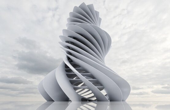 Architectural 3D render of a parametric twisting futuristic tower with white curved fins and smooth metallic surface under overcast sky, generative AI