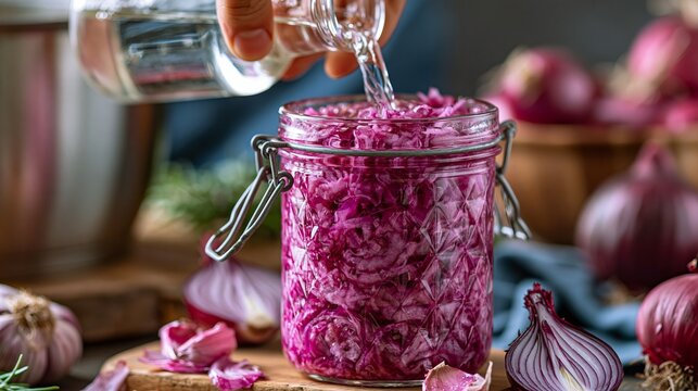 Close-up of a person pouring brine into a glass jar filled with vibrant red cabbage, showcasing homemade fermentation and healthy food preparation