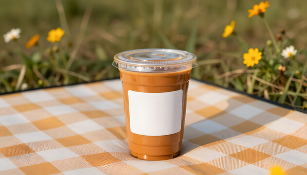 Thai Tea Cup Mockup on Checkered Picnic Blanket: Outdoor Setting