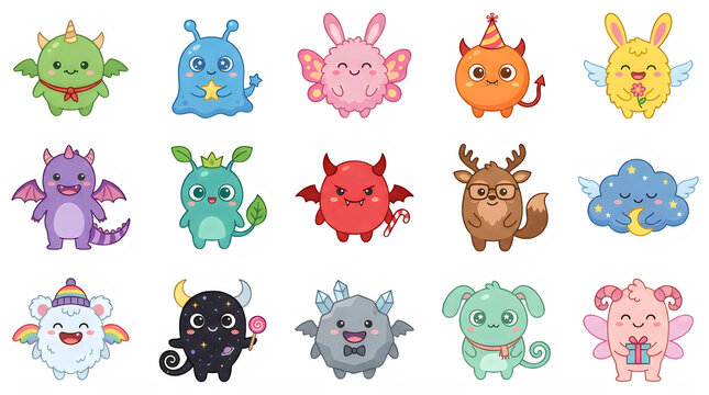 Set of cute pixel art fantasy monsters and creatures for games