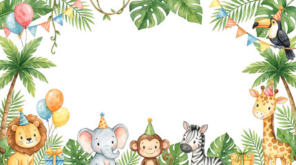 Fototapeta premium Jungle safari birthday invitation frame. Cute watercolor animals with party decorations.