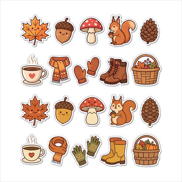 Cozy autumn and fall season theme sticker set with fall colors hot drink cozy vibes stickers