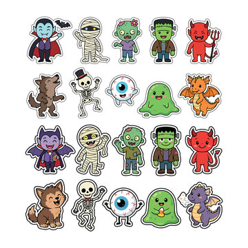 Cute halloween monster and creepy creatures sticker set with halloween monsters creatures