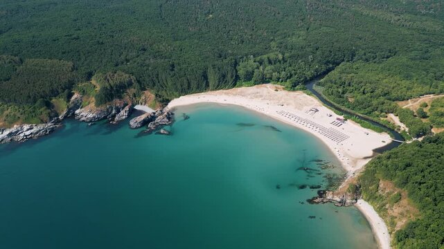 Aerial View of Silistar Beach Bay Surrounded by Forest in Bulgaria