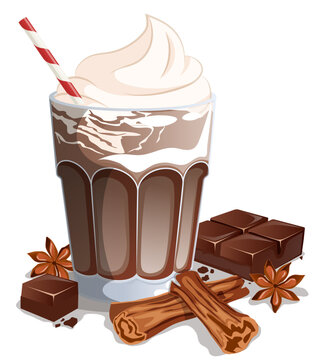 Chocolate milk illustration in a ribbed glass with whipped cream, cinnamon sticks, star anise and cacao pieces, cozy drink vector isolated