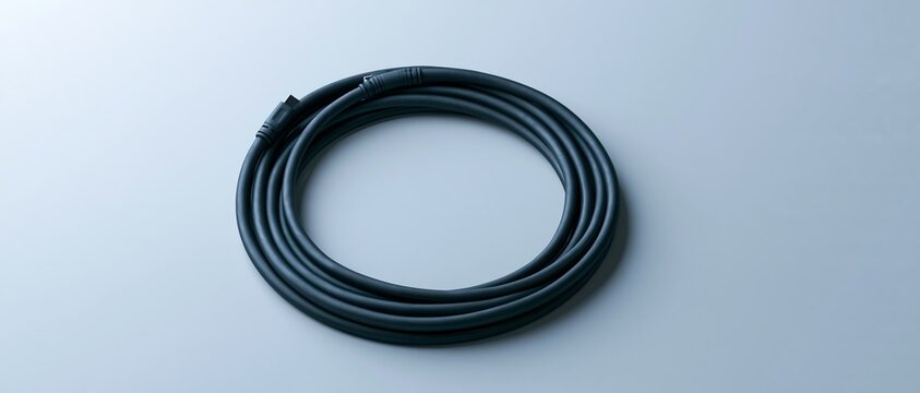 Coiled black cable on white surface