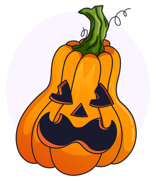 Spooked expressioned tall gourd with jagged carved eyes and wavy screaming mouth, Halloween pumpkin hand-drawn vector illustration isolated