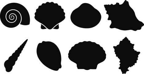 Vector set of black silhouette seashell icons featuring scallop snail clam and marine ocean beach elements © MstShapla