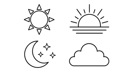Fototapeta premium Weather outline icons with sun sunrise moon stars and cloud
