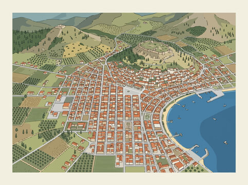 Aerial vector illustration of Argos, Greece, featuring a hilltop fortress citadel, coastal harbor with boats, urban grid plan with terracotta roofs, olive groves, and mountain landscape.