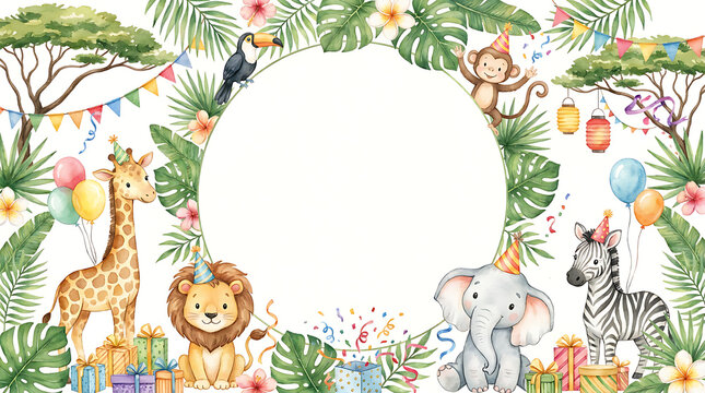 Children's jungle animal party poster with blank space. Wild safari birthday invitation template featuring giraffe, lion, and zebra.
