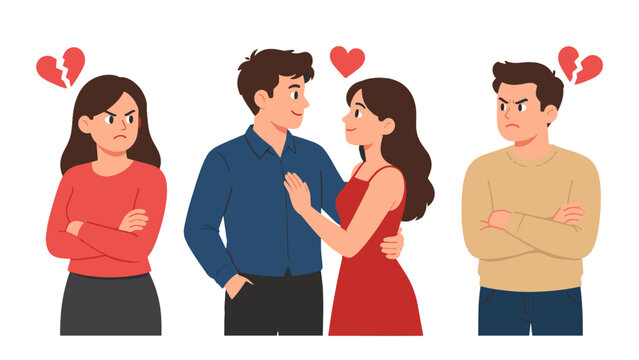 Jealous man and woman watching a romantic couple illustration