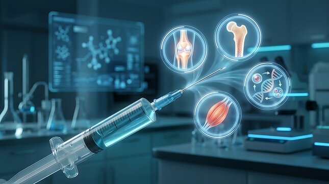 Medical syringe with holographic icons representing regenerative medicine and biological research