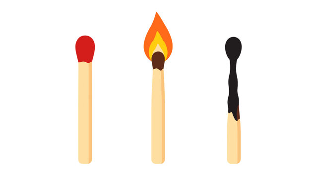 Three matchsticks showing unused, burning, and burned stages