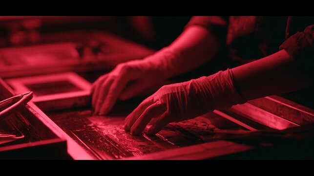 Wide cinematic shot of gloved hands developing photograph in darkroom red light chemical trays tongs