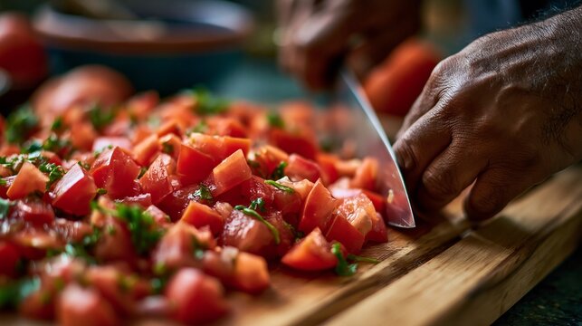 Close-up of hands chopping fresh tomatoes and herbs on a wooden cutting board, preparing a vibrant and flavorful salsa for a delicious meal