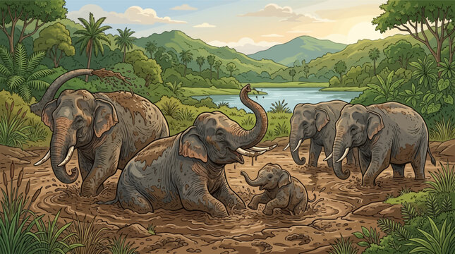 Vector illustration of a herd of Asian elephants and a calf bathing in a mud pit within a tropical jungle setting featuring a river, palm trees, and distant green mountains.