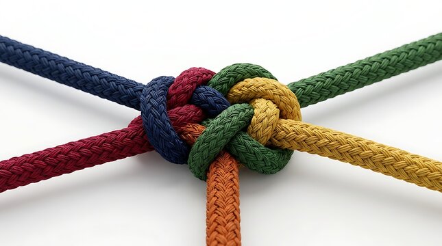 A complex knot made of colorful intertwined ropes isolated on white background