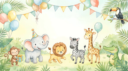 Fototapeta premium Baby safari animal birthday party decorations with balloons. Cute jungle theme nursery celebration featuring plush wildlife and festive garland.