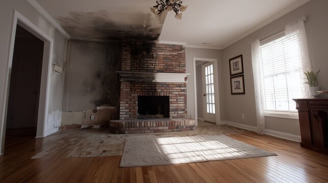 Smoke stained living room with charred fireplace, soot on wall and ceiling, showing fire damage, home restoration, and emergency recovery.