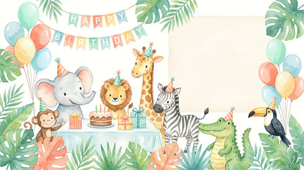 Fototapeta premium Baby safari animals birthday party background. Cute jungle creatures with cake and balloons.