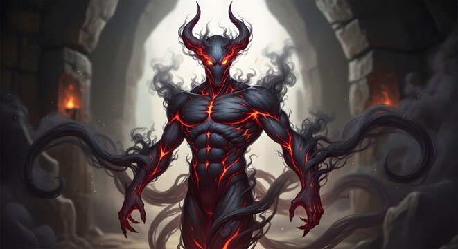 Dark demonic entity with glowing red eyes and smoky tendrils in ancient stone ruins under dim torchlight