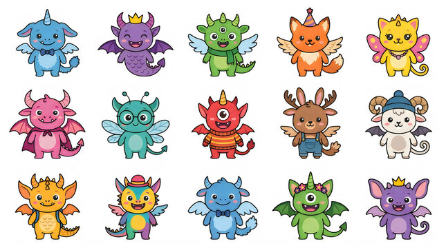 Set of cute colorful pixel art monster characters for retro video games