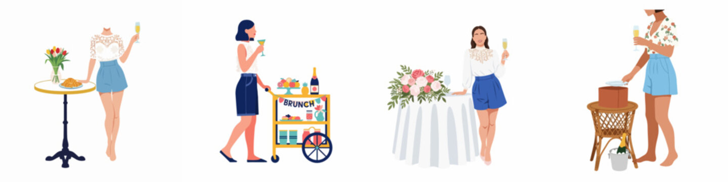 Vector set of women enjoying summer celebrations, including brunch carts, garden party tables, floral arrangements, and champagne toasts in a flat design style.