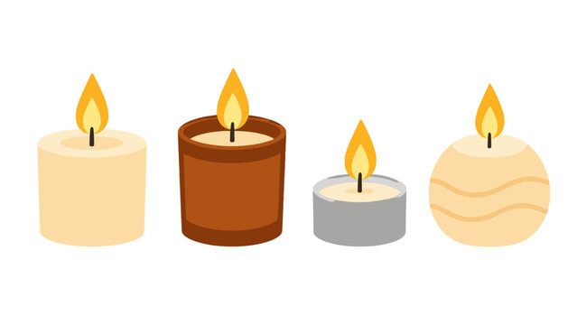 Set of four lit candles in different decorative styles