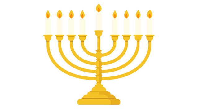 Golden seven branched menorah with lit candles vector