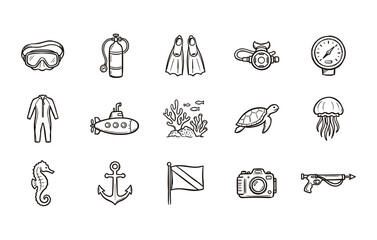 Scuba diving icon set featuring diving mask oxygen tank flippers regulator pressure gauge wetsuit submarine coral reef sea turtle jellyfish seahorse anchor diver down flag underwater camera and spearg © Billal