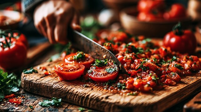 Fresh ripe tomatoes being sliced on a rustic wooden cutting board, showcasing vibrant colors and healthy ingredients for a delicious meal