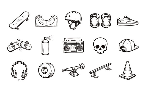 Skater icon set featuring skateboard halfpipe helmet knee pads shoe broken deck spray paint boombox skull cap headphones wheel truck grind rail and traffic cone