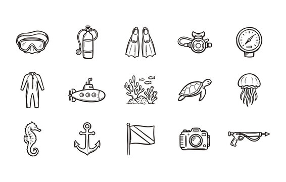 Scuba diving icon set featuring diving mask oxygen tank flippers regulator pressure gauge wetsuit submarine coral reef sea turtle jellyfish seahorse anchor diver down flag underwater camera and spearg