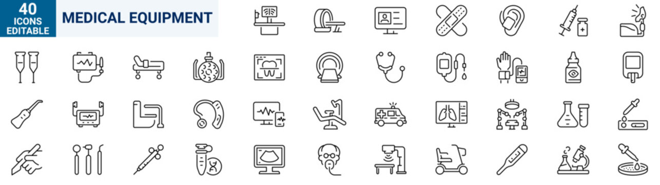 Medical Equipment Line Icons Set. Hospital Devices, Diagnostic Instruments, Healthcare Technology, Editable Stroke Vector