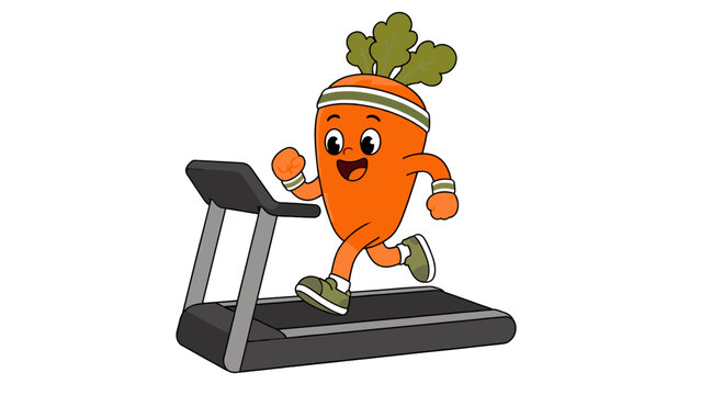 Cartoon carrot character running on a treadmill vector