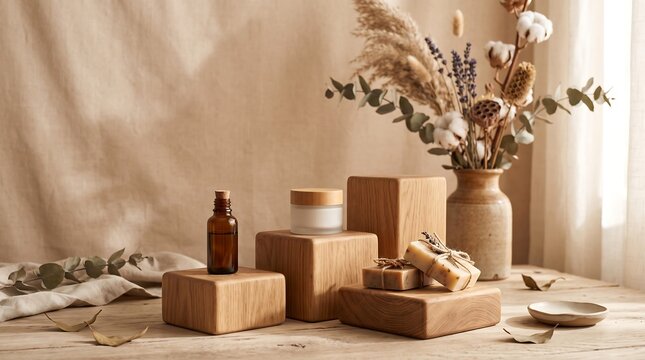 Natural spa skincare products display on wooden blocks with dried flowers and essential oil bottle self care skincare essential cosmetic wellness bathroom botanical treatment moisturizer