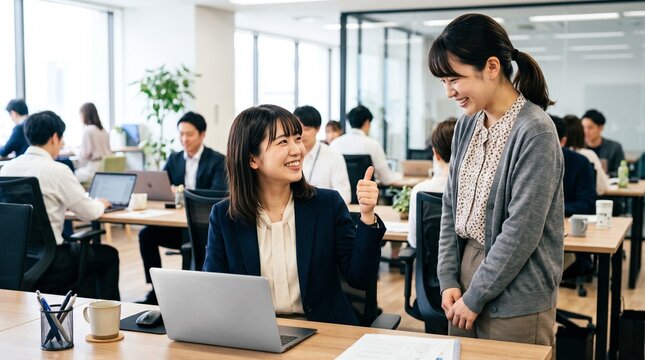 ノートパソコンが置かれた自席に座り、横に立つ同僚に向けて笑顔でサムズアップをしている20代日本人女性社員のクローズアップポートレート