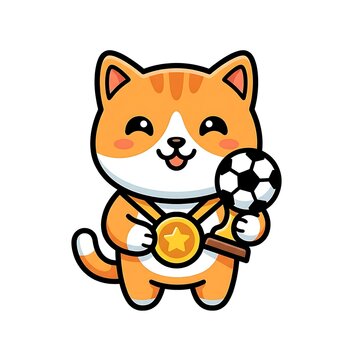 Cute kitten holding a soccer ball with a gold medal. Cartoon cat champion winning a game.