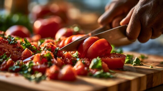 Close-up of hands slicing ripe, juicy red tomatoes on a wooden cutting board, preparing fresh salsa with basil and vibrant summer ingredients