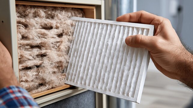Close-up of a hand holding a clean air filter, demonstrating maintenance and replacement of a dirty, clogged filter in a home ventilation system