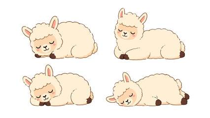 Fototapeta premium Cute sleeping alpaca cartoon set in soft pastel vector style