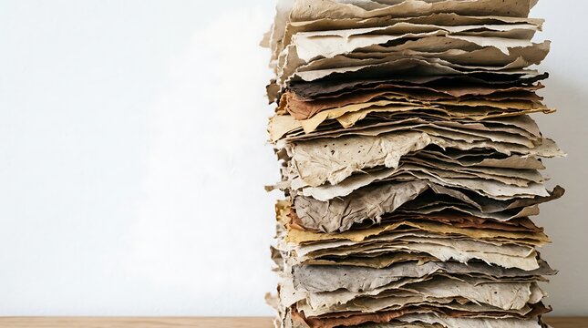 A tall stack of handmade textured paper sheets in various shades of brown and beige