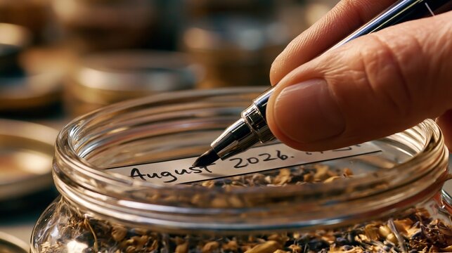A close-up view of a hand writing 'august 2026' on a glass jar filled with dried herbs, showcasing planning and future goals with a personal touch