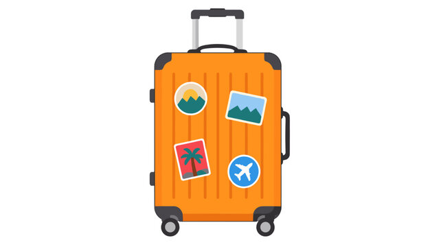 Orange travel suitcase with vacation stickers illustration