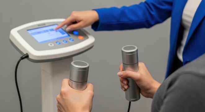 Hands Holding Bioimpedance Handles for Body Composition Analysis and Medical Device Operation.