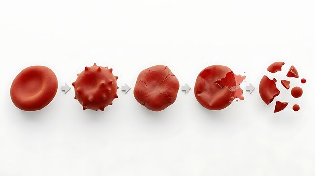 Stages of red blood cell hemolysis isolated on white background