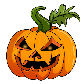 Hand drawn jack-o-lantern with spooky carved face and glowing eyes, single Halloween pumpkin vector illustration with black outline isolated
