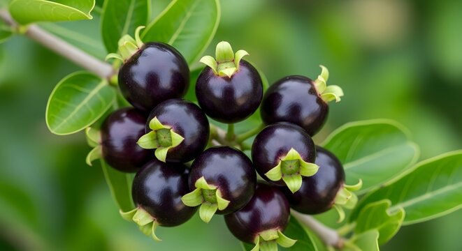 Dark purple jaboticaba berries clustered on a lush green leafy branch with soft natural lighting